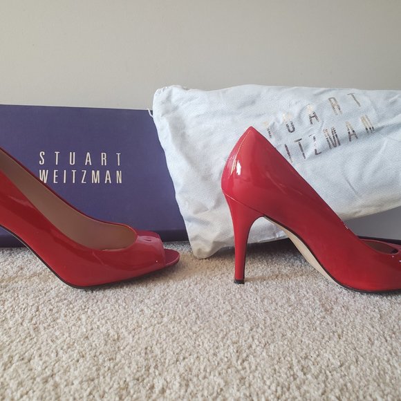 Stylish Red Amiline red patent peep toe pumps Stuart Weitzman 8 - Picture 8 of 11